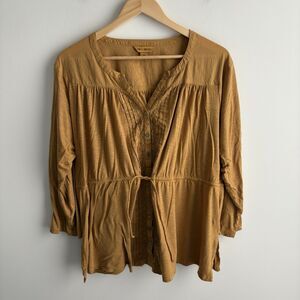 April Cornell Women's Blouse XXL Yellow Button Pleated Shirt Boho Drawstring